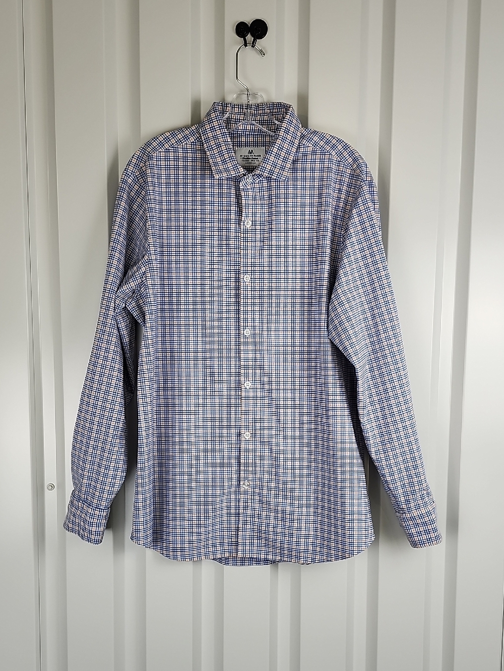 Mizzen + Main Mens Blue White Blue Orange Plaid Button Dress Shirt XL Trim Fit